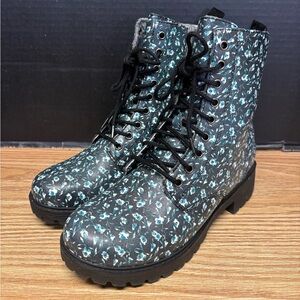 Alegria Women’s Ari Black & Blue Floral Leather Lace Up Boots #5367